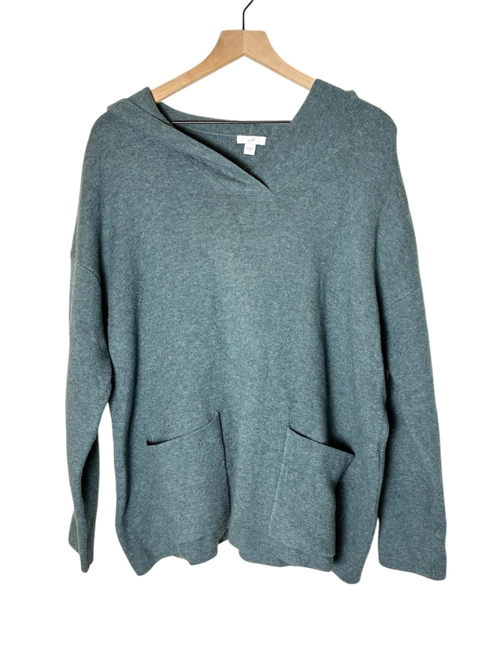 J. Jill Hooded V-neck Sweater Front Pockets Lounge Coastal